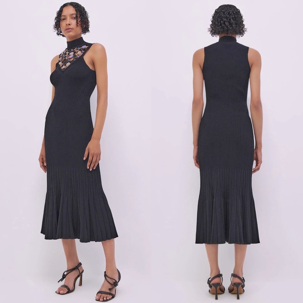 Jonathan Simkhai MEREDITH BANDAGE MIDI KNIT DRESS Beaded Stone Neck Black XS NEW